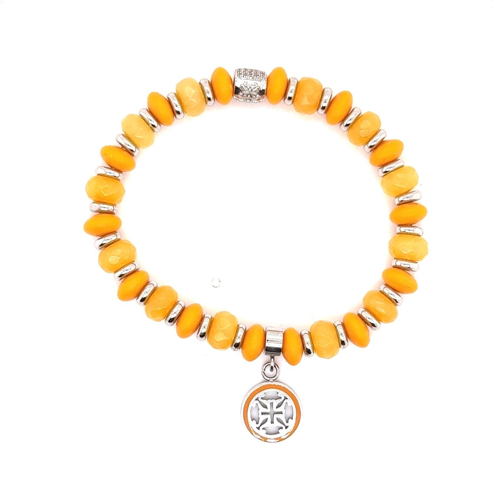 Rustic Cuff Yellow Orange Beaded Stretch Bracelet with Logo Charm and Crystals